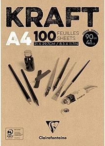 Clairefontaine 96545C Bloc Encollé Papier Kraft - 100 Feuilles Papier Kraft Vergé Brun A4 21x29,7 cm 90g - Papier Double Face pour le Croquis et le Dessin