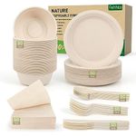 FEHHTO Compostable Paper Plates Set 300PCS Heavy-Duty Disposable Plate, Bowl and Utensil Biodegradable Dinnerware for Party Sugarcane Plates, Extra Long Forks & Knives & Spoons for 50 People
