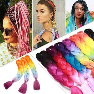 African Jumbo Braiding Synthetic Hair African Box Braids Ombre 24 Inch High Temperature Fiber Senegal Twist Braids 100g/pack 4 Tones Orange/Yellow/Light Blue/Hot Pink 3 Packs