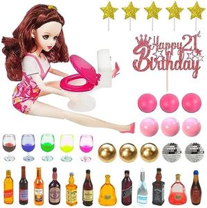 Drunk Doll Cake Topper With 12 Mini Wine Bottles 5 Mini Wine Glasses 1 Plastic Miniature Toilet Toy 1 Beauty Doll 21st Birthday Cake Topper for Celebrating Birthday 21 and Up Girl Party (Brown)