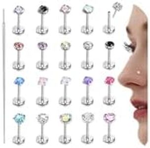 THUNARAZ 20Pcs Hypoallergenic 316L Surgical Steel Nose Studs L-shape/Flat Back Body Piercing Jewelry for Women Men Threadless Nose Ring with Taper Insertion Pin 18G/20G Silver, Metal, cubic-zirconia