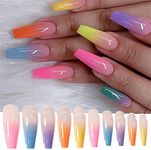 24PCS Long Coffin False Nails with Glue Stickers,Ballerina Coffin Full Cover Acrylic Nails Press on Nails no Glue,Rainbow Gradient French Fake Nails Stick on Nails for Women and Girls Nail Art.