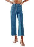 Sidefeel Women's Wide Leg Jeans High Waisted Tummy Control Buttoned Loose Denim Pants with Pocket, Blue, 10