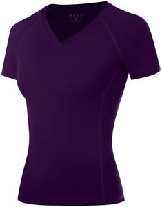 Roadbox Women's Compression Shirt Short Sleeve V Neck Workout Tops Quick Dry Athletic Gym Base Layer for Yoga Running Sports Deep Purple
