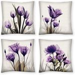 QUALKNOY Set of 4 Cushion Covers 18"x18" Purple flower Dense Linen Modern Art Decorative Throw Pillow cases 45 x 45cm for Living Room Sofa Outdoor Garden Courtyard Flora Pillowcases