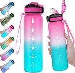 EYQ 32 oz Water Bottle with Time Marker, Carry Strap, Leak-Proof Tritan BPA-Free, Ensure You Drink Enough Water for Fitness, Gym, Camping, Outdoor Sports (Fuschia/Green Gradient)