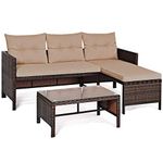 COSTWAY 3PCS Rattan Garden Furniture Set, Outdoor L-Shaped Corner Sofa Set with Chaise Lounge, Glass Coffee Table and Cushions, All-Weather Wicker Sectional Table Chairs for Deck Poolside (Beige)