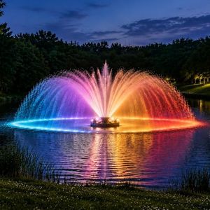 Pond Fountain Aerator with Lights Dynamic RGB Light 1HP 750W Floating Fountain for Pond Lake, 110V 15000 GPH Fully Automatic Stainless Steel Fountain Pump 100Ft Cord with 4 LED Lights and Nail, Rope