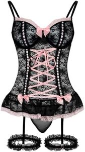 Foxiny Women's Underwire Lace Corset Bustier Lingerie Set Gray/Pink XL