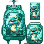 3PCS Dinosaur Rolling Backpack for Boys, Kids School Backpacks with Wheels, Water Resistant Roller Wheeled Bookbag Set