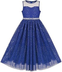 Sunny Fashion Girls Dress Blue Sequin Party Pageant Wedding Bridesmaid Maxi Gown Dance 14