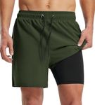 Libin Men's Swim Trunks Quick Dry Swim Shorts for Men 5 inch Bathing Suits with Compression Liner 2 in 1 Beach Shorts Zipper Pocket, Army Green XL