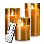 YMing LED Flameless Candles Battery Operated, Flickering Electric Candles with Timer & Remote Control Gold Glass Pillar Realistic Wick Flame Mode, Real Wax Moving Warm Light Candles 4" 5" 6" Set of 3