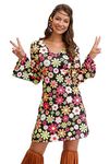 Halloween Womens 60s 70s Hippie Costume Long Sleeve Disco Vintage Retro Peace Love Dress Black 2XL