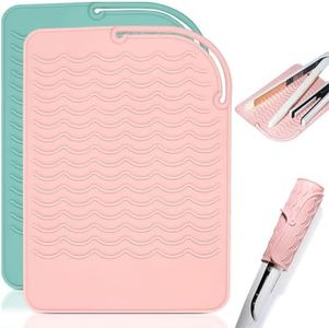 Heat Mat for Curling Iron, 2 Pcs 8.5" x 6.2" Silicone Heat Resistant Mat for Hair Tools, Heat Resistant Straightener Pad for Curling Irons, Flat Irons, Hair Straightener, Curling Wand Storage (Pink, Green)