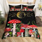 Wild Mushroom Duvet Cover Set Super King Size,Sun Moon Planet Star Sky Bedding Set 3pcs for Kids Teens Girls Boys Room Decor,Plant Trippy Comforter Cover Red Quilt Cover with 2 Pillowcases