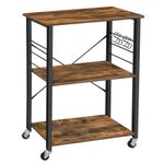 VASAGLE Kitchen Shelf on Wheels, Serving Cart with 3 Shelves, Kitchen Cart, Microwave Shelf, for Mini Oven, Toaster, with 6 Hooks, Industrial Style, Rustic Brown and Black UKKS60XV1