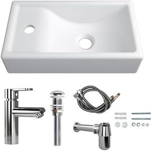 MEJE 16-Inch Wall Hung Basin Sink Combo, Small Cloakroom Basin, Rectangle Ceramic Bathroom Wash Basin - Left Hand Sink Set (Include Faucet & Pop-up Drain)