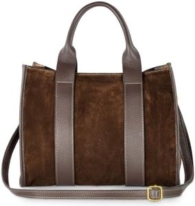 TAKEASY Italian Genuine Suede Tote Bag for Women with Adjustable Strap & Leather Trim | Structured Medium Shoulder Purse (Chocolate)