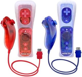 Wii Controller Motion Plus, 2 Pack Wii Remote Controller and Nunchucks, with Silicone Case and Wrist Strap, Remote Controller for Wii/Wii U with Built in Motion Plus(Clear Red and Clear Blue)