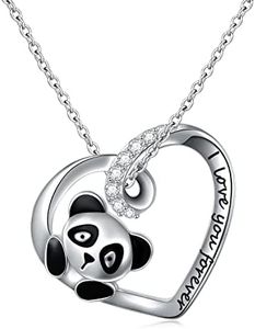 DAOCHONG 925 Sterling Silver Engraved I Love You Forever Cute Animal Panda Heart Pendant Necklace for Women Girlfriend Wife Mother Birthday Gifts Jewelry