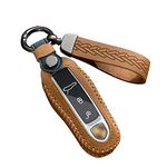 ontto Leather Car key fob cover fit for Porsche Cayenne 9YA Panamera 971 Porsche 911 Carrera Taycan key holder Keychain Keyring key bag Protector Accessories Brown B