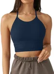 LASLULU Womens Sports Bra Workout Tank Tops Padded Medium Support Running Athletic Bra Camis Crop Tank Tops with Built in Bras(Navy Blue-Seamless Medium)