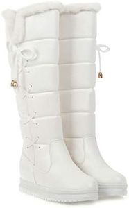 Women's Winter Warm Knee High Down Snow Boots Waterproof Cross-Tied Hidden Wedges Platform Boots, White, 8.5