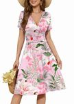 WEACZZY Summer Dress for Women Casual Short Sleeve Dresses V-Neck Floral Wedding Guest Dresses with Pockets,YH Green Leaf Pink,Large