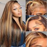 Highlight Human Hair Wig Chocolate Brown Highlighted Caramel Blonde Lace Front Wig Human Hair 13x4 Straight Human Hair Wig For Black Women 18inch Human Hair Wig Piano Color(18 Inch #P4/27)