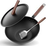 Carbon Steel Wok, 13 Inch Wok Pan with Lid and Spatula, Nonstick Wok and Stir-Fry Pans, No Chemical Coated Flat Bottom Chinese Wok for Induction, Electric, Gas, All Stoves