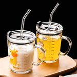 KHOLAD Glass Mug with Silicone Straw and Lid Set of 2, Measuring Scale Drinking Cup for Kids & Adults Perfect for Milk,Juice,Coffee,Random Cartoon Printed 350ml