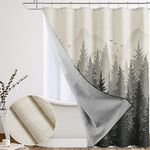 Extra Long Linen Shower Curtain 72x84 Inch Long Rustic Shower Curtain Set with Liner and Hooks Black Mountain Shower Curtain Men Cabin Lodge RV Fog Tree Woodland Shower Curtains for Bathroom