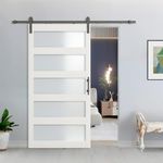 BARNSMITH 42in x 84in Glass Barn Door with 7FT Sliding Door Hardware Kit Included & Handle & Lock,5-Panel Frosted Glass Barn Door Solid Wood Water-Proof PVC Surface,Pre-Drilled Easy Assembly,White