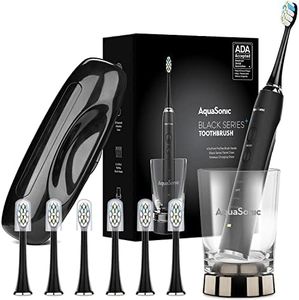 Aquasonic Black Series+ - Ultra Whitening 40,000 VPM Rechargeable Electric Toothbrush – ADA Accepted - Wireless Charging Glass - 6 Proflex Brush Heads & Travel Case – 4 Modes & Smart Timer