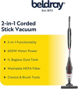 Beldray 2-in-1 Upright & Handheld Vacuum Cleaner – Bagless, HEPA, 600W