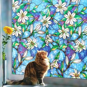 Coavas Stained Glass Window Film：Static Cling Window Privacy Film Decorative UV Sun Blocking Non-Adhesive Glass Window Covering for Home Bathroom (Blue,17.5 x 78.7inch)