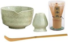 Matcha Whisk Set, Japanese Tea Set Includes Matcha Bowl with Spout, Matcha Whisk Holder, Bamboo Matcha Whisk and Bamboo Scoop, 17 oz Mottled Tea Green Glaze Ceramic Matcha Kit for Tea Lovers