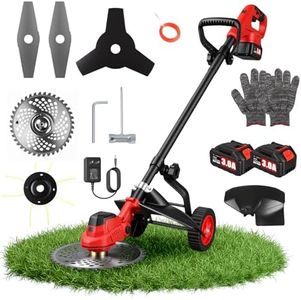3-in-1 Electric Weed Wacker Cordless, 12″ Brushless Weed Eater Battery Powered with Wheel, 20000 RPM Grass Trimmer/Brush Cutter/String Trimmer, Lawn Mower Edger Weed Trimmer, 6000mAh Batteries