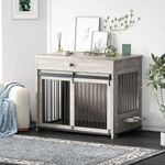 DAWNYIELD Dog Crate for Large Dog, Furniture Style Pet Crate with Sliding Doors, Wooden Indoor Dog Kennel Side Table with Drawer, Lockable Dog House with 360°Rotatable Bowl Grey