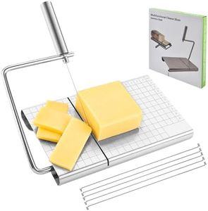 Stainless Steel Cheese Slicer with Cutting Board and Measuring Grid, Adjustable Wire Cheese Cutter for Block Cheese, 24cm x 13cm, Includes 5 Replacement Wires
