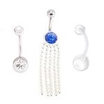 BodyJewelryOnline Belly Button Ring Package of 3 Navel Ring. Two with CZ Gems and a Retainer. 14G, Surgical Steel Blue