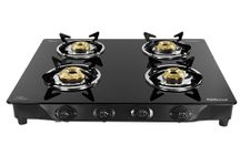 Gilma Rio 4 Burner Full Size Glass Cooktop (Black) Gas Stove with High Powered Jumbo Brass Burner, with Glass Top and Powder Coated Body, Manual Ignition (63.5 cm x 52.5 cm x 12cm)