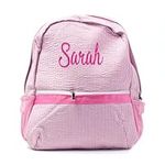 ZYMECH Custom Toddler Seersucker Backpack Personalized Monogrammed Backpack Kid's Custom Backpack Back To School Preschool Book Bag (Pink,Large)