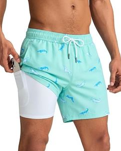 maamgic Mens Swim Trunks with Compression Liner 5 Inch, Quick Dry Bathing Suit with Zipper Pockets, Stretch No-Chafing Swim Shorts, Croc Mint Medium