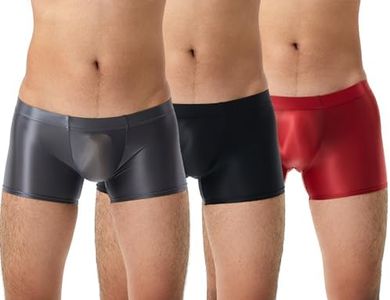 Panegy Men’s Silky Glossy Stretchy Boxers Low Rise Sexy Translucent Underwear, Grey+black+red, XX-Large