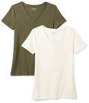 Amazon Essentials Women's Classic-Fit Short-Sleeve V-Neck T-Shirt, Pack of 2, Olive/Oatmeal Heather, L