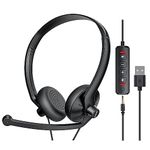 FEABASK USB Headset with Microphone for PC Laptop - Wired Computer Headphones with Noise Cancelling Microphone for Home Office Online Class Skype Zoom Meetings,in Line Mute Controls