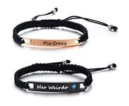 VNOX Handmade Braided Nylon Rope His and Her Her Weirdo His Crazy Engraved Stainless Steel 3A Cubic Zirconia Couple Bracelet for Men Women