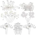 inSowni 30 Pack Silver Wedding Bridal Hair Side Combs+U Shaped Hair Pins Clips Barrettes Prom Hair Pieces Rhinestone Pearl Baby Breath White Flower Decorative Accessories for Women Girls Bridesmaids